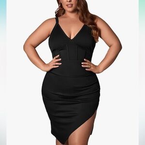 COZYEASE Women's Sexy Dress Asymmetrical Hem Split V Neck Bodycon Mini Dress